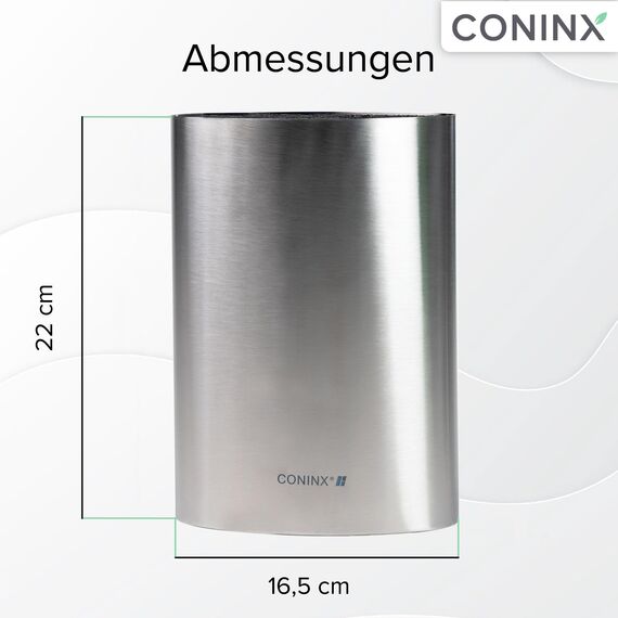 Coninx Messerblock ohne Messer - Messer mit Borsteneinsatz - Knife Block without Knives in Silber - Universal Messerblock unbestückt Edelstahl – Messerständer leer – Küchenmesser Aubewahrung