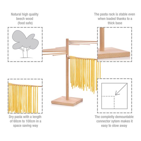 Sänger | Pastatrockner aus Holz, Nudeltrockner, Nudelständer zum Trocknen, Gesamthöhe 50cm, mit 16 abnehmbaren Armen, inkl. Booklet „Pasta Pasta“ mit 10 exklusiven Pastarezepten