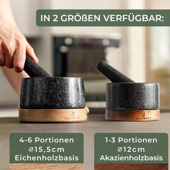 WALDWERK Mörser mit Stößel (12cm Durchmesser) - Mörser auf edler und stabiler Akazienholzbasis - Mörser mit Stößel aus natürlichem Granit