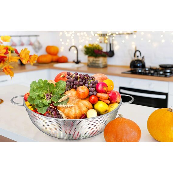 TEAMFAR Sieb, Edelstahl Küche Nudelsieb Abtropfsieb mit Griffen, Micro-Perforierte Seiher Küchensieb für Nudel Gemüse Obst, Doppelgriff, Spülmaschinenfest, 28cm