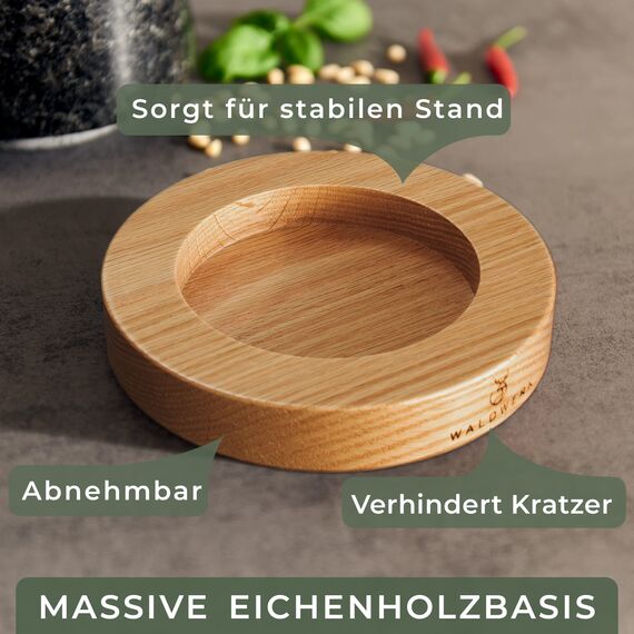 WALDWERK Mörser mit Stößel - Mörser auf edler und stabiler Eichenholzbasis - Mörser mit extra langem Stößel aus natürlichem Granit