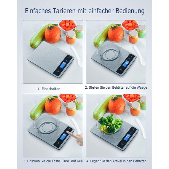 Drcowu Küchenwaage Digitale 15 kg, Küchenwaage Digital Wasserdicht mit LCD-Anzeige, Multifunktions-Lebensmittelwaage, Hohe Präzision auf bis zu 1g, Tara-Funktion, Touch-Taste, Großer Edelstahl-Panel
