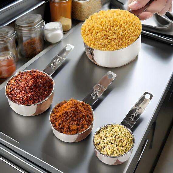 Yizish Edelstahl Messbecher und Löffel mit Messlineal, Scoop mit Clip, Küchenumrechnungstabelle 12er Set für Trockene und Flüssige Zutaten