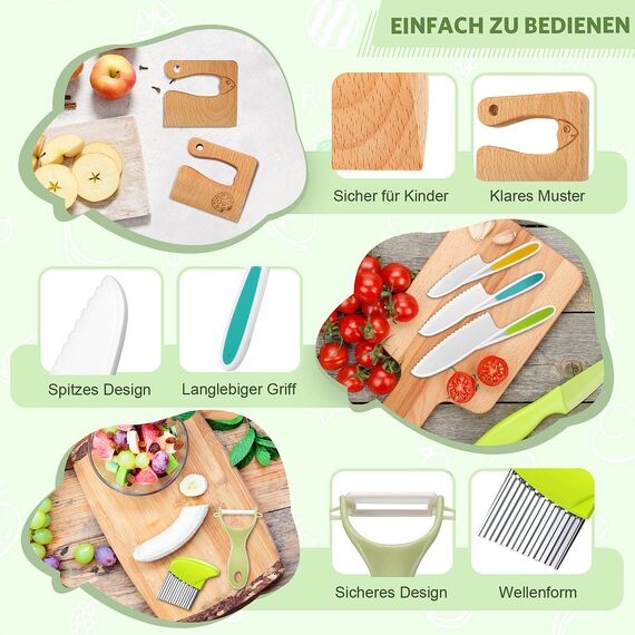 Goodchef Kindermesser – 8 teiliges sicheres Holzmesser Set, Kinder Messer Set & Montessori Messer, Montessori Schneidewerkzeug, BPA-frei, Geschenkidee, geeignet für Kinder ab 2 Jahren（Auto）