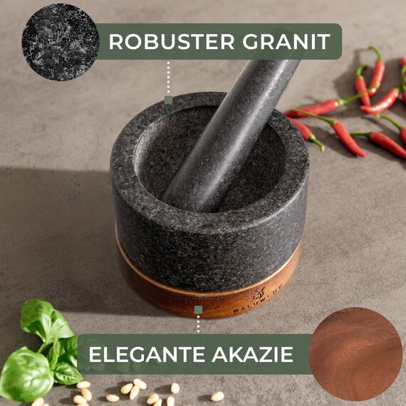WALDWERK Mörser mit Stößel (12cm Durchmesser) - Mörser auf edler und stabiler Akazienholzbasis - Mörser mit Stößel aus natürlichem Granit