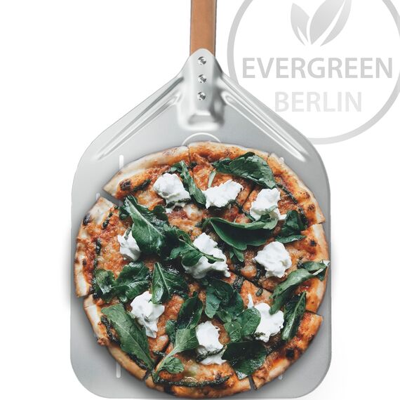 EVERGREEN BERLIN® - Pizzaschieber - DAS ORIGINAL - Pizzaschieber perforiert - Pizzaheber aus Alu und Buchenholz - Pizzaschaufel perforiert für Pizza Passion - Pizzawender - Pizza Schieber - Pizza Peel