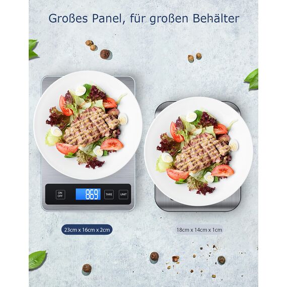 Drcowu Küchenwaage Digitale 15 kg, Küchenwaage Digital Wasserdicht mit LCD-Anzeige, Multifunktions-Lebensmittelwaage, Hohe Präzision auf bis zu 1g, Tara-Funktion, Touch-Taste, Großer Edelstahl-Panel