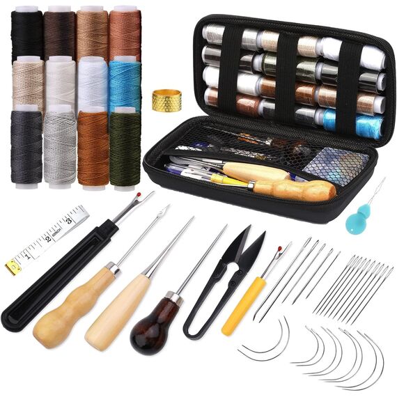 Leder-Nähset, Polsterreparaturset, 48-teiliges Hochleistungs-Nähset mit Nähnadeln, Nähahle, Nahttrenner, Nähgarn für Reparaturen, Handnähen, DIY-Lederhandwerk