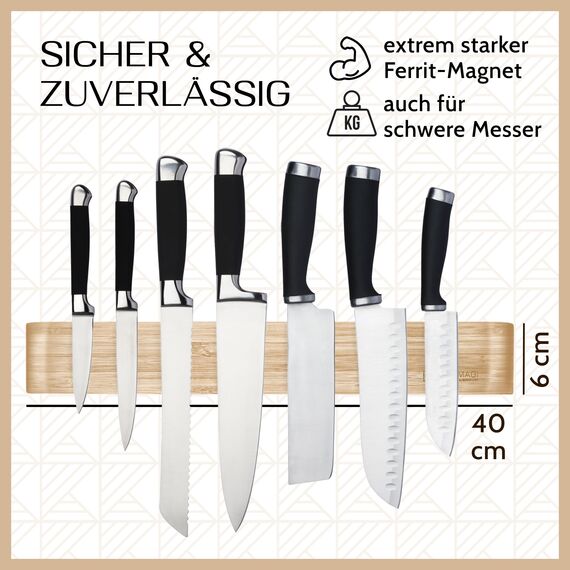 KÖKSMAGI® Magnetleiste Messer aus Bambus (40 cm) - magnetische Messerleiste mit extrem starkem Magnet für schwere Messer - selbstklebend (3M Klebeband) & mit Zubehör zum Bohren