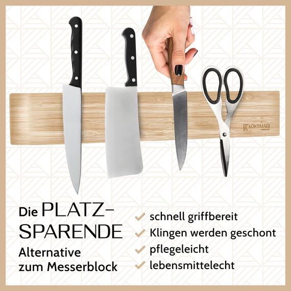 KÖKSMAGI® Magnetleiste Messer aus Bambus (40 cm) - magnetische Messerleiste mit extrem starkem Magnet für schwere Messer - selbstklebend (3M Klebeband) & mit Zubehör zum Bohren