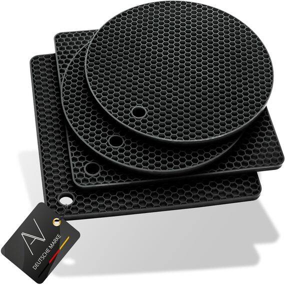 AVANA Silikon Untersetzer (4er Set) Premium Topfuntersetzer Multifunktional Hitzebeständig Topflappen Spülmaschinenfest rutschfest Wabenmuster (2 Rund, 2 Viereckig) - Schwarz