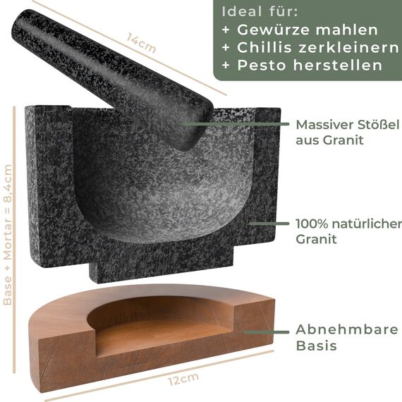 WALDWERK Mörser mit Stößel (12cm Durchmesser) - Mörser auf edler und stabiler Akazienholzbasis - Mörser mit Stößel aus natürlichem Granit