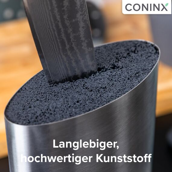 Coninx Messerblock ohne Messer - Messer mit Borsteneinsatz - Knife Block without Knives in Silber - Universal Messerblock unbestückt Edelstahl – Messerständer leer – Küchenmesser Aubewahrung