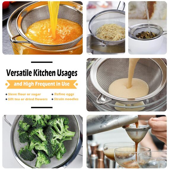 Feines Sieb Küchensieb, 3 Stück 8 16 18 cm Edelstahl Mehlsieb Seiher mit Rutschfesten Verdickten Silikon Isoliertem Griffen, Feinmaschig Siebe Set für Abtropfen Wie Quinoa,Nudeln, Mehl