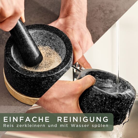 WALDWERK Mörser mit Stößel - Mörser auf edler und stabiler Eichenholzbasis - Mörser mit extra langem Stößel aus natürlichem Granit