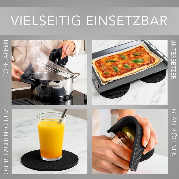 AVANA Silikon Untersetzer (4er Set) Premium Topfuntersetzer Multifunktional Hitzebeständig Topflappen Spülmaschinenfest rutschfest Wabenmuster (2 Rund, 2 Viereckig) - Schwarz