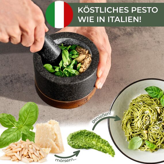 WALDWERK Mörser mit Stößel (12cm Durchmesser) - Mörser auf edler und stabiler Akazienholzbasis - Mörser mit Stößel aus natürlichem Granit