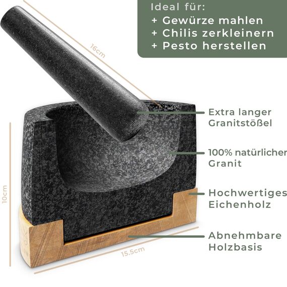 WALDWERK Mörser mit Stößel - Mörser auf edler und stabiler Eichenholzbasis - Mörser mit extra langem Stößel aus natürlichem Granit