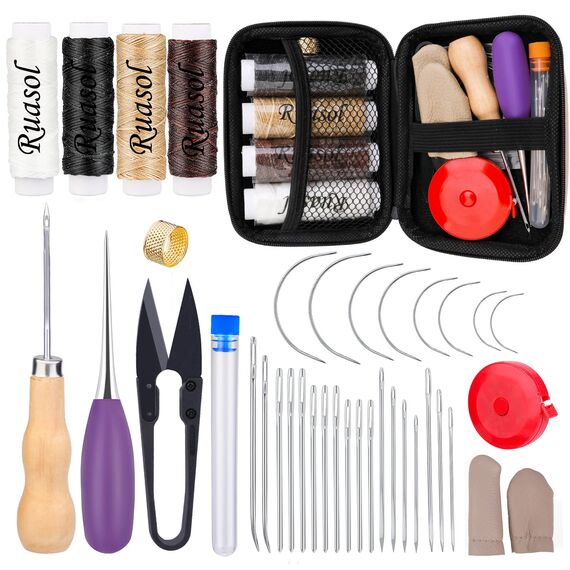 38-teiliges Polsterreparaturset enthält Nähgarn und Nadeln, Ahle, Fingerhut, Ledernähnadeln für Polster, Leder, Teppich, Leinwandreparatur für die Lederreparatur