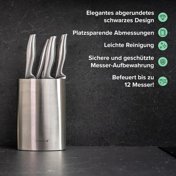 Coninx Messerblock ohne Messer - Messer mit Borsteneinsatz - Knife Block without Knives in Silber - Universal Messerblock unbestückt Edelstahl – Messerständer leer – Küchenmesser Aubewahrung