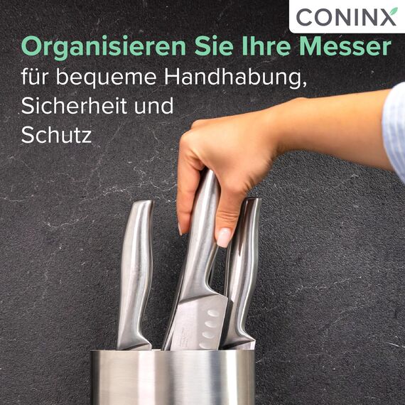 Coninx Messerblock ohne Messer - Messer mit Borsteneinsatz - Knife Block without Knives in Silber - Universal Messerblock unbestückt Edelstahl – Messerständer leer – Küchenmesser Aubewahrung
