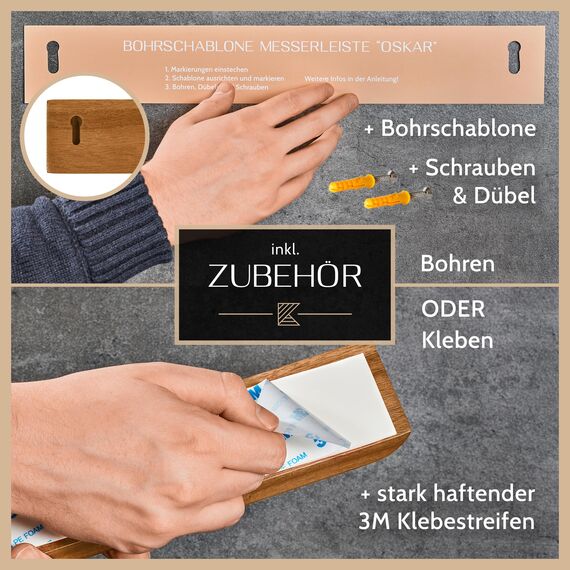 KÖKSMAGI® Magnetleiste Messer OSKAR (50 cm) - magnetische Messerleiste aus Holz mit extrem starkem Magnet für schwere Messer - selbstklebend (3M Klebeband) & mit Zubehör zum Bohren