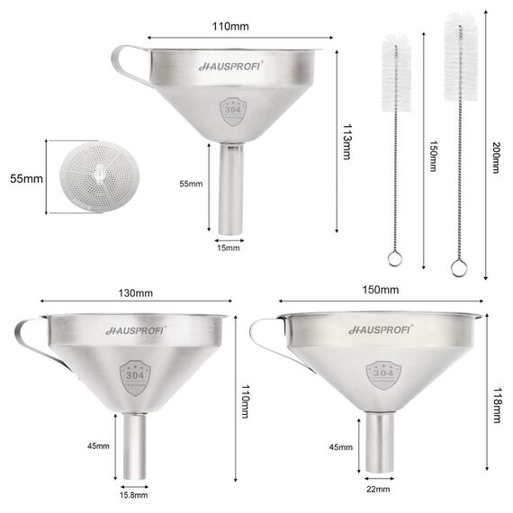 HAUSPROFI Premium Edelstahl Trichter Set (3 Größen) mit 2 Feinsieben - Profi-Küchentrichter aus 304 Edelstahl für Flüssigkeiten, Öle, Pulver - Spülmaschinenfest, 11/13/15 cm