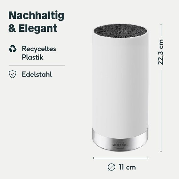 SILBERTHAL Universal Messerblock - Borsteneinsatz herausnehmbar - ohne Messer - unbestückt - Messeraufbewahrung mit Edelstahlring - Weiß