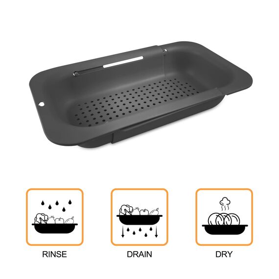 Fousenuk Ausziehbar Siebkorb Über der Spüle Schwarz, Sieb für Spülbecken (36-49cm), Waschbecken Filterablage, Erweiterbares Küchensieb, Spüle Seiher, Spüle Abtropfsieb für Spülen, Abtropfen, Auftauen