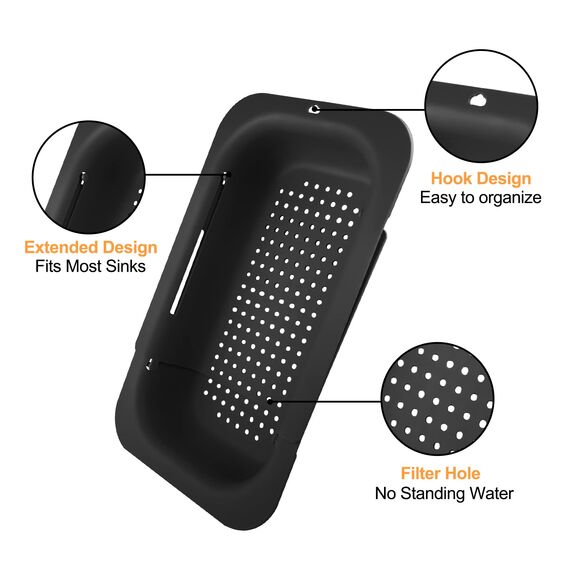 Fousenuk Ausziehbar Siebkorb Über der Spüle Schwarz, Sieb für Spülbecken (36-49cm), Waschbecken Filterablage, Erweiterbares Küchensieb, Spüle Seiher, Spüle Abtropfsieb für Spülen, Abtropfen, Auftauen