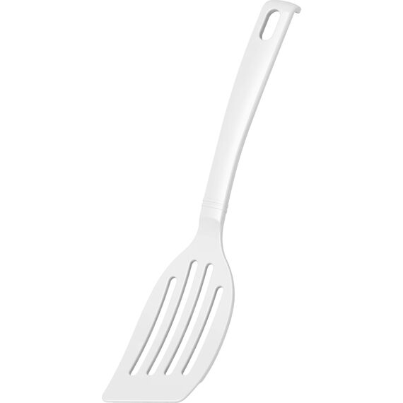 FACKELMANN 24284 Schlitzwender Blanca, Küchenhelfer aus Kunststoff, Pfannenwender für beschichtete Töpfe und Pfannen (Farbe: Weiß), Menge: 1 Stück 26.5