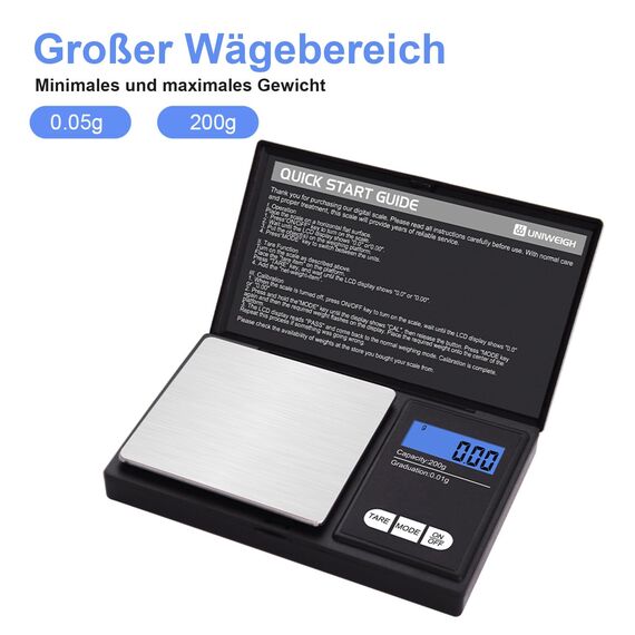 UNIWEIGH Grammwaage,200 gx0.01 g(7.05 oz x 0.001 oz) Digitale Taschenwaage,Elektronische Smart Weigh Waage,Tragbare kleine Schmuckwaage Gramm und Unzen,Miniwaage mit LCD Display,Tara
