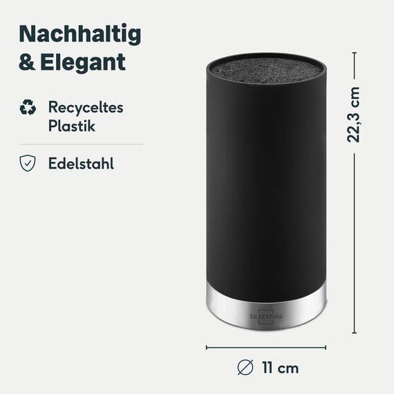 SILBERTHAL Universal Messerblock ohne Messer - herausnehmbarer Borsteneinsatz - für bis zu 10 Messer Aufbewahrung - Schwarz - Recyceltes Plastik mit Edelstahlring