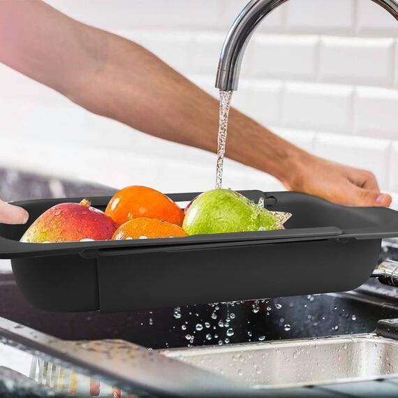 Fousenuk Ausziehbar Siebkorb Über der Spüle Schwarz, Sieb für Spülbecken (36-49cm), Waschbecken Filterablage, Erweiterbares Küchensieb, Spüle Seiher, Spüle Abtropfsieb für Spülen, Abtropfen, Auftauen