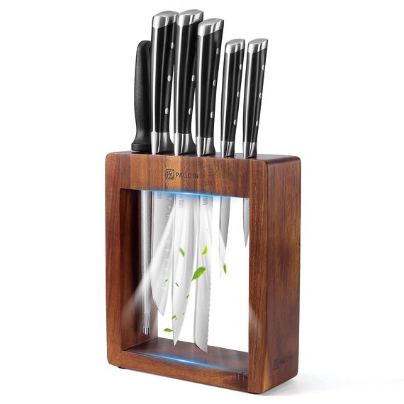 PAUDIN Messerblock Set, Messerset 7-teilige, Messerset mit Messerblock, Scharfes Küchenmesser Set mit Holzblock, Profi Messer Set mit Kochmesser Brotmesser aus Hochwertigem Edelstahl und ABS Griff