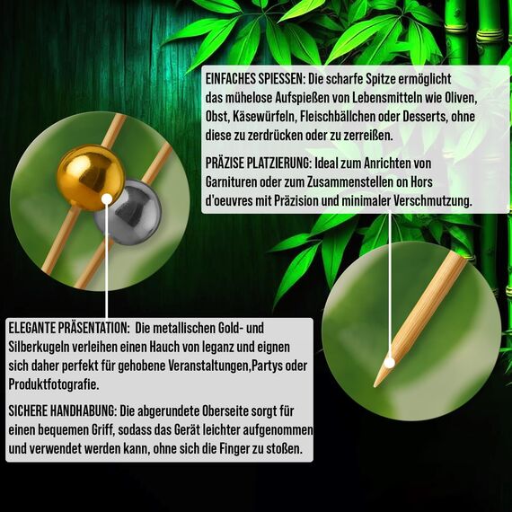 120 Stück Bambus-Cocktailspieße mit Gold- & Silberperlen - 12 cm Kugel-Zahnstocher für Vorspeisen und Getränke - Elegante Holzspieße für Buffets, Partys & Events - von Mobi Lock