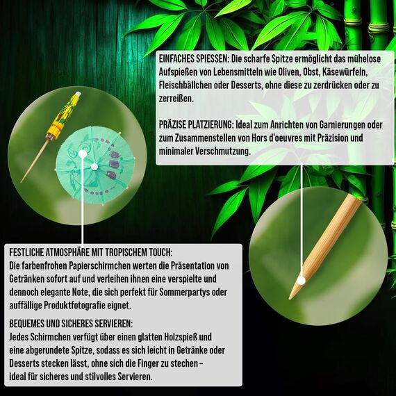 220 Stück Bunte Bambus-Cocktailschirmchen - 10 cm (3,9 Zoll) Farbige Schirm-Zahnstocher für Tropische Getränke, Cupcakes, Tiki-Bars, Poolpartys, Luau- und Sommerfeste - von Mobi Lock