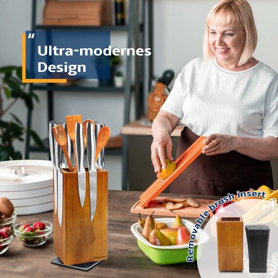 Fimaten Magnetischer Messerblock ohne Messer, 360° drehbar Magnet Messerhalter aus Akazienholz, Hochwertiger Messerblöcke Küchenmesser Organizer mit Borsteneinsatz, Knife holder für Messer, 25x11,5cm