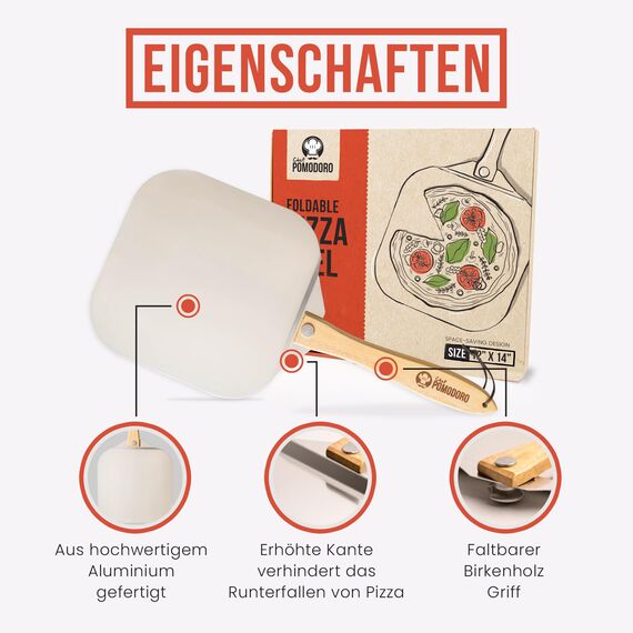 Chef Pomodoro Pizzaschieber mit einklappbarem Holzgriff, 30,5 x 35,6 cm - Hochwertige Pizzaschaufel aus Aluminium - Gourmet Pizzaheber für hausgemachte Pizzen, Backen, Brot - Pizza Zubehör
