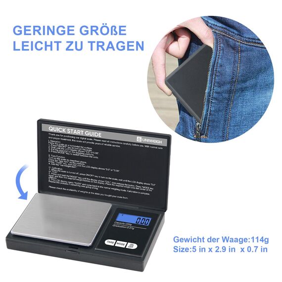 UNIWEIGH Grammwaage,200 gx0.01 g(7.05 oz x 0.001 oz) Digitale Taschenwaage,Elektronische Smart Weigh Waage,Tragbare kleine Schmuckwaage Gramm und Unzen,Miniwaage mit LCD Display,Tara