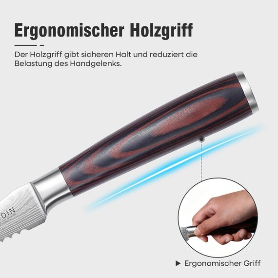 PAUDIN Tomatenmesser 13 CM, Professionelles Küchenmesser für Tomaten, Messer für weiches Obst und Gemüse, Anti-Haft frühstücksmesser, buttermesser mit Scharfes Klinge und Ergonomischer Holzgriff