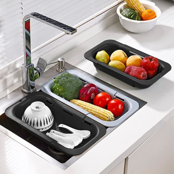 Fousenuk Ausziehbar Siebkorb Über der Spüle Schwarz, Sieb für Spülbecken (36-49cm), Waschbecken Filterablage, Erweiterbares Küchensieb, Spüle Seiher, Spüle Abtropfsieb für Spülen, Abtropfen, Auftauen