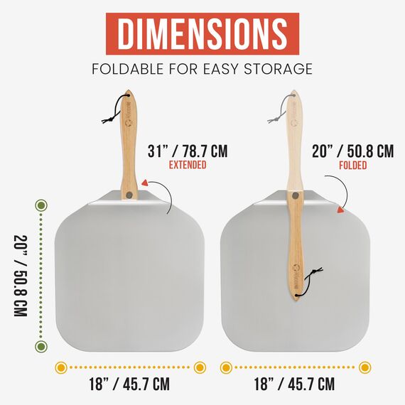 Chef Pomodoro Pizzaschieber mit einklappbarem Holzgriff - Hochwertige Pizzaschaufel aus Aluminium - Gourmet Pizzaheber für hausgemachte Pizzen, Backen, Brot (45,7 x 50,8 cm)