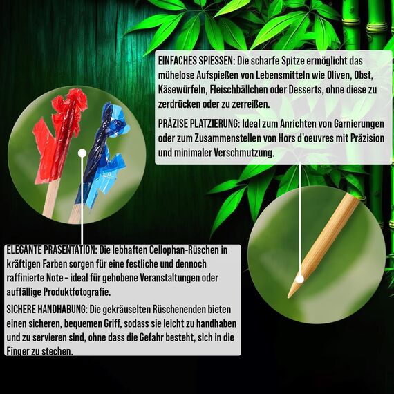 1200 Stück Bunte Rüschenspieße-Bambuszahnstocher - 6,5 cm (2,5 Zoll) Rote, Goldene, Grüne & Blaue Holzspieße für Desserts, Vorspeisen, Obst, Canapés, Platten & Buffets - von Mobi Lock