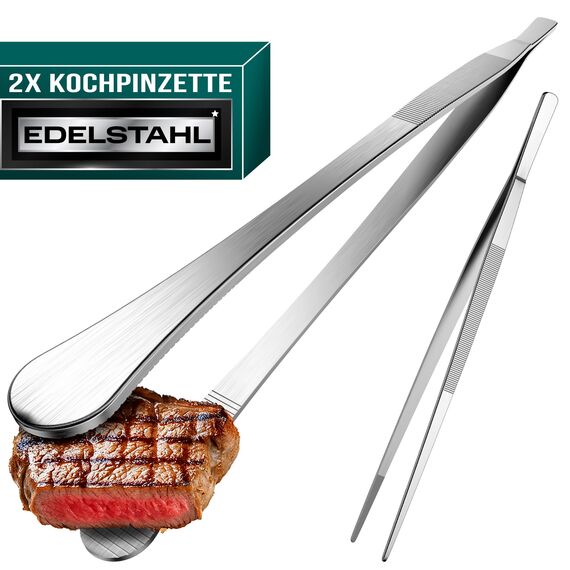 4happy Kochpinzette - 2 Stück Kochpinzette Edelstahl Set, runde Grillpinzette zum Kochen und Braten + spitze Küchenpinzette zum Dekorieren, Pinzette Küche 30 cm