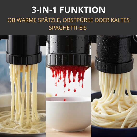 Thiru Spätzlepresse & Kartoffelpresse aus Kunststoff – 3 Edelstahl-Einsätze für Spätzle, Spaghetti-Eis, Kartoffelpüree 60 Tage risikofrei testen – sicherer Topf-Halt – spülmaschinengeeignet