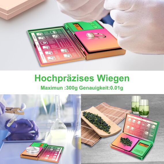 UNIWEIGH Digitale Taschenwaage 300g/0.01g(0.001 oz), Regenbogen-Miniwaage für Lebensmittel Unzen und Gramm, schillernde Beschichtung Kleine Schmuck-Grammwaage für Medizin, Kräuter, Münzen