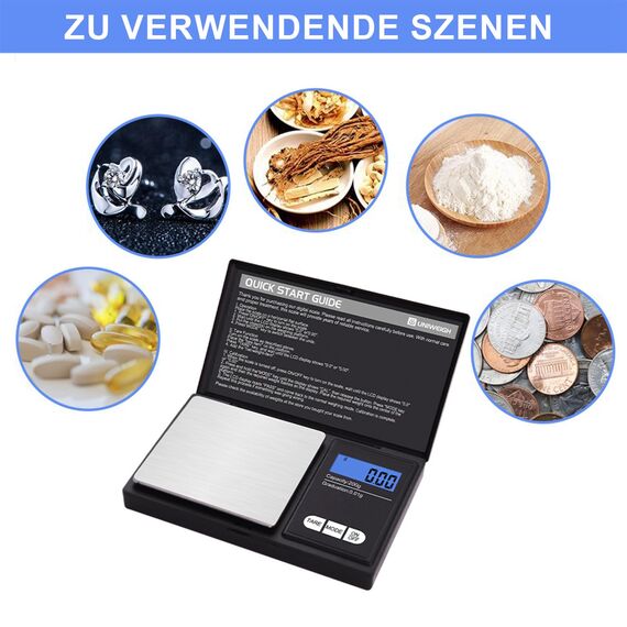UNIWEIGH Grammwaage,200 gx0.01 g(7.05 oz x 0.001 oz) Digitale Taschenwaage,Elektronische Smart Weigh Waage,Tragbare kleine Schmuckwaage Gramm und Unzen,Miniwaage mit LCD Display,Tara