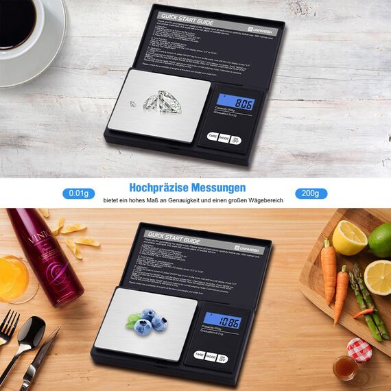 UNIWEIGH Grammwaage,200 gx0.01 g(7.05 oz x 0.001 oz) Digitale Taschenwaage,Elektronische Smart Weigh Waage,Tragbare kleine Schmuckwaage Gramm und Unzen,Miniwaage mit LCD Display,Tara