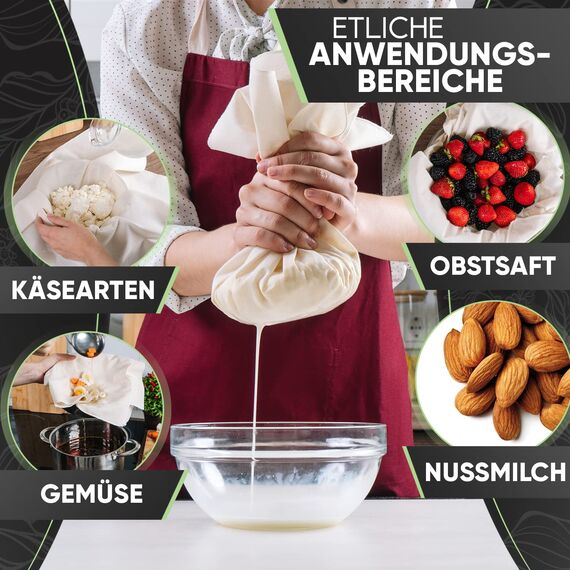 Loco Bird Passiertuch 50x50cm - 4 Stück 100% Baumwolltuch - ungebleichtes Käsetuch, Feines Mulltuch und Mulltücher Dichtegrad 100, Waschbares Leinentuch, Cheesecloth und Seihtuch mit vernähten Kanten